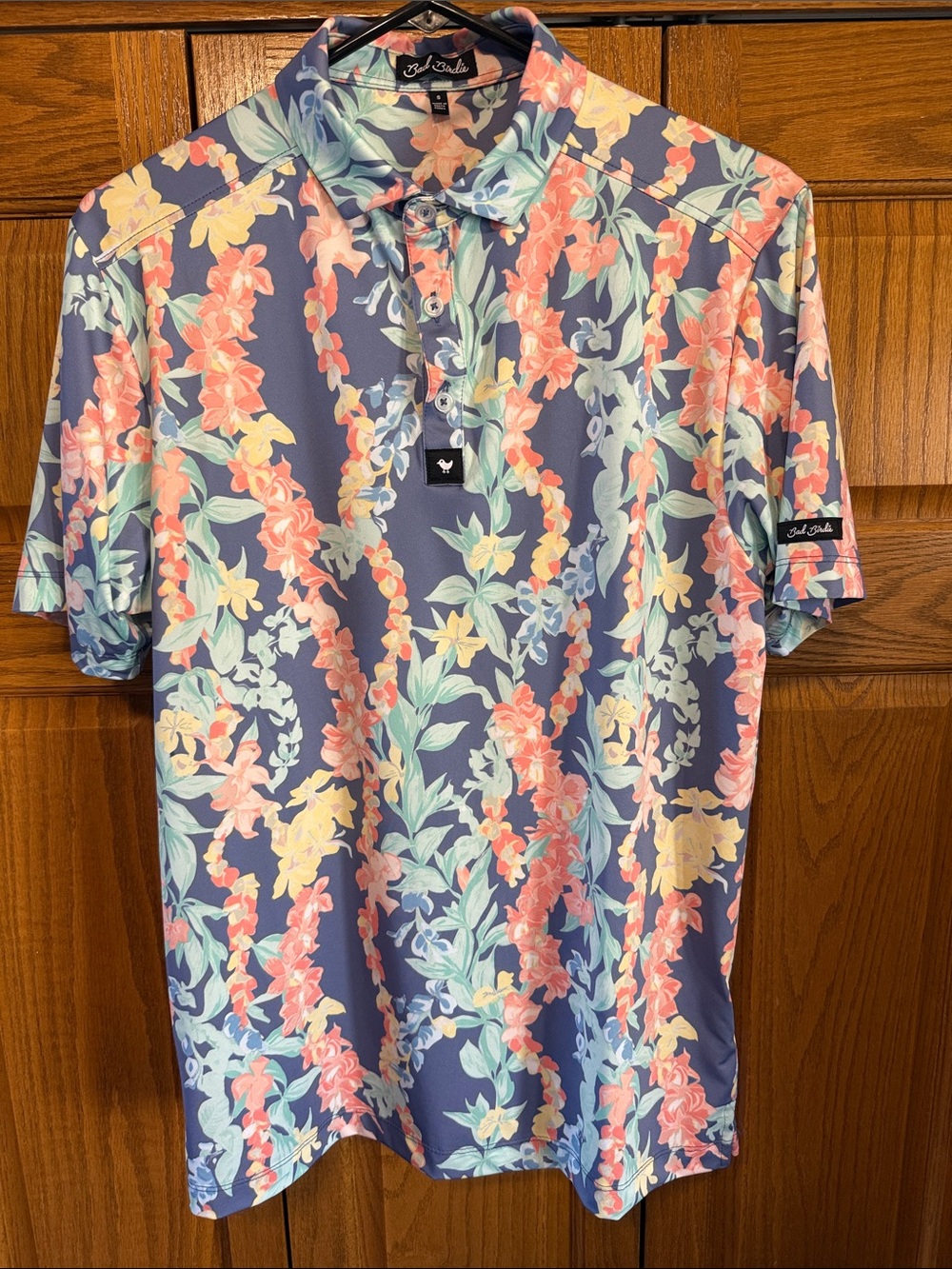 Bad Birdie Blue Floral Golf Polo with Coral, Mint & Yellow Accents